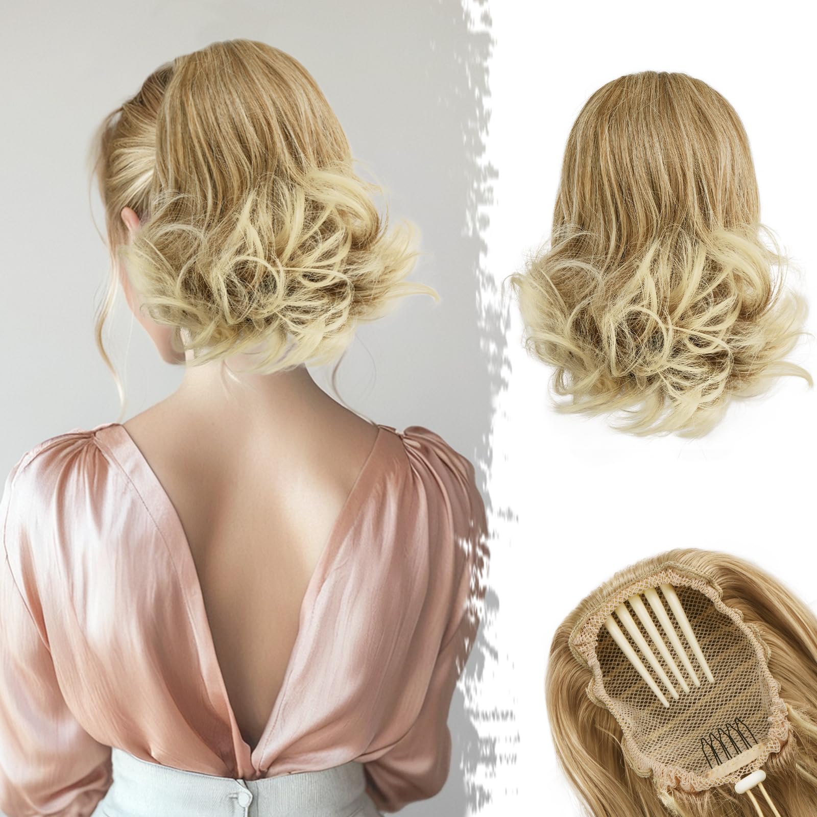 BARSDAR Short Blonde Ponytail Extension 10 Inch Wavy Drawstring Ponytail Hair Extensions for Women Synthetic Comb Clip in Ponytail Hairpieces Fake Pony Tails - Mixed Blonde & Bleach Tips