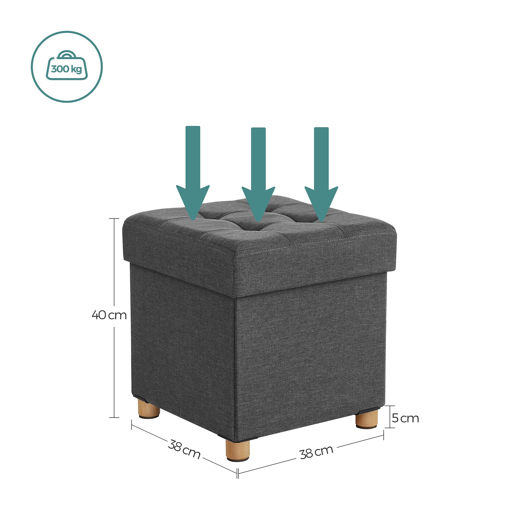 SONGMICS Sitzhocker mit Stauraum, kleine klappbare Sitzbank, 38 x 38 cm Fußbank, Aufbewahrungsbox, bis 300 kg belastbar, für Wohnzimmer Schlafzimmer Schlafsaal, schiefergrau LSF14GYZ 3