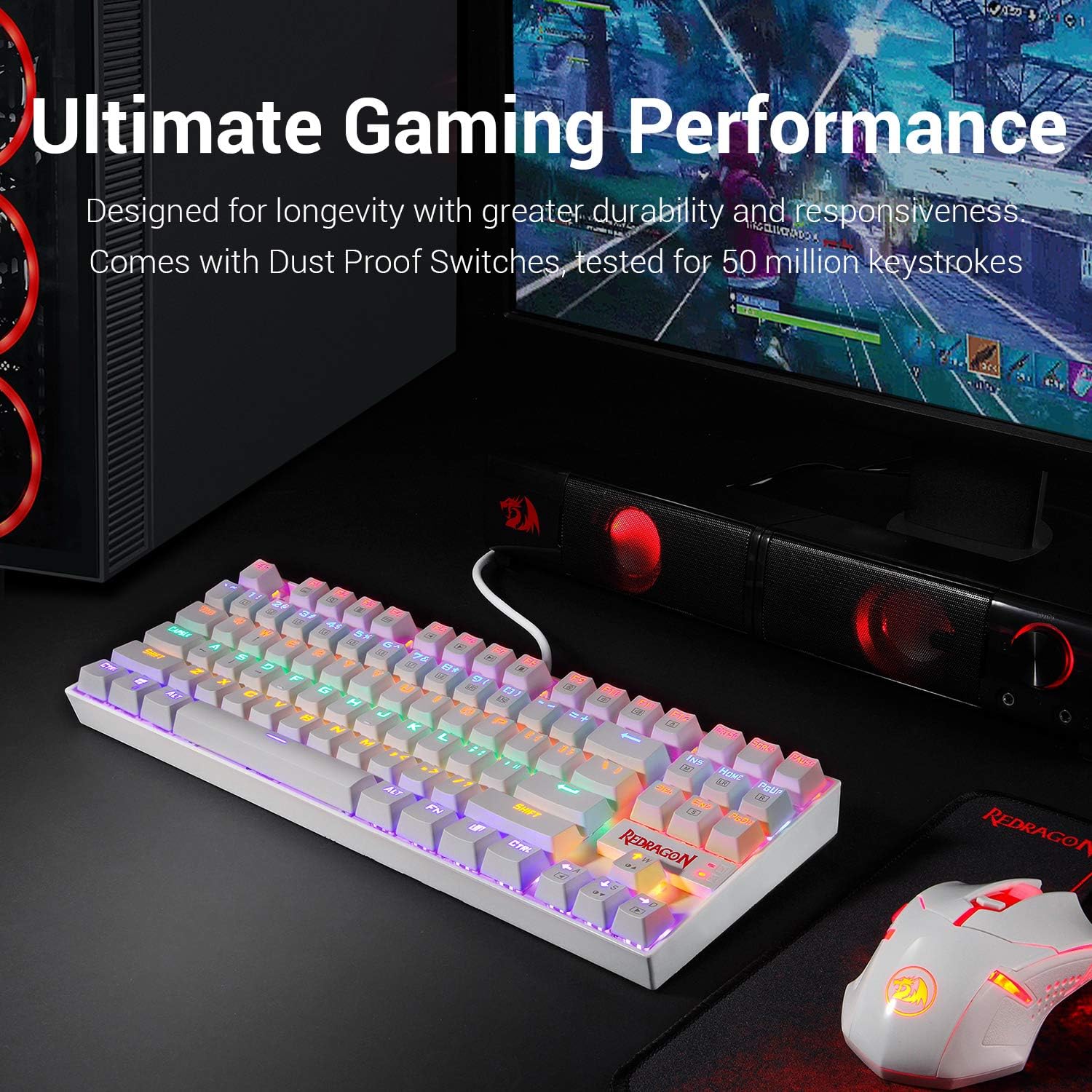 Redragon K552 Mechanical Gaming Keyboard RGB LED Rainbow Backlit Wired Keyboard with Red Switches for Windows Gaming PC (87 Keys, White): Computers & Accessories