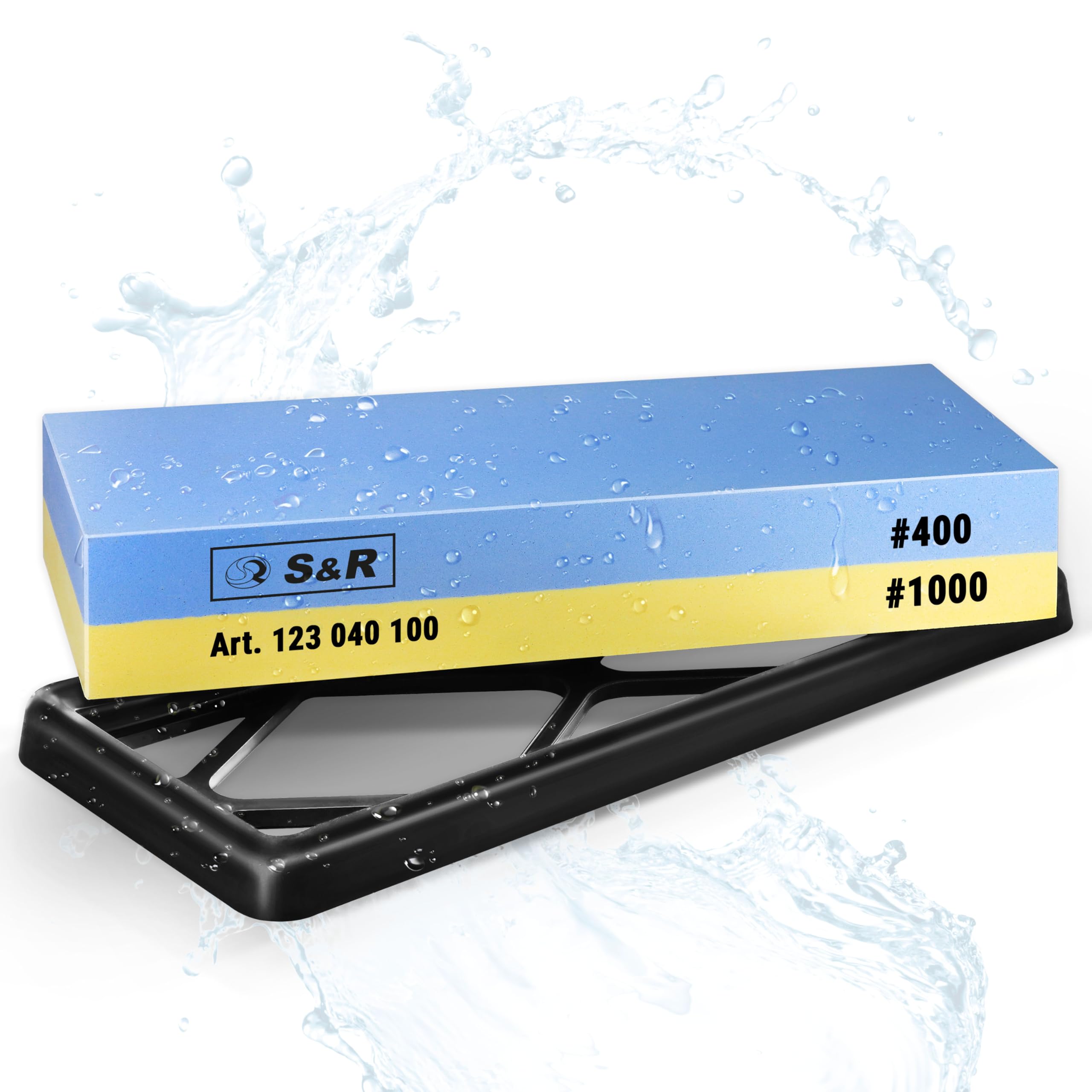 S&R 2-Sided Whetstone Sharpening Stone 18 x 6 x 3 cm with 400/1000 Grit and Silicone Holder, 100% Corundum