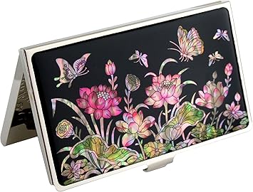 Amazon Co Jp 螺鈿細工 ピンク色の花柄 蓮華 ステンレス製 スリム 名刺入れ カードケース Idケース ブラック 文房具 オフィス用品