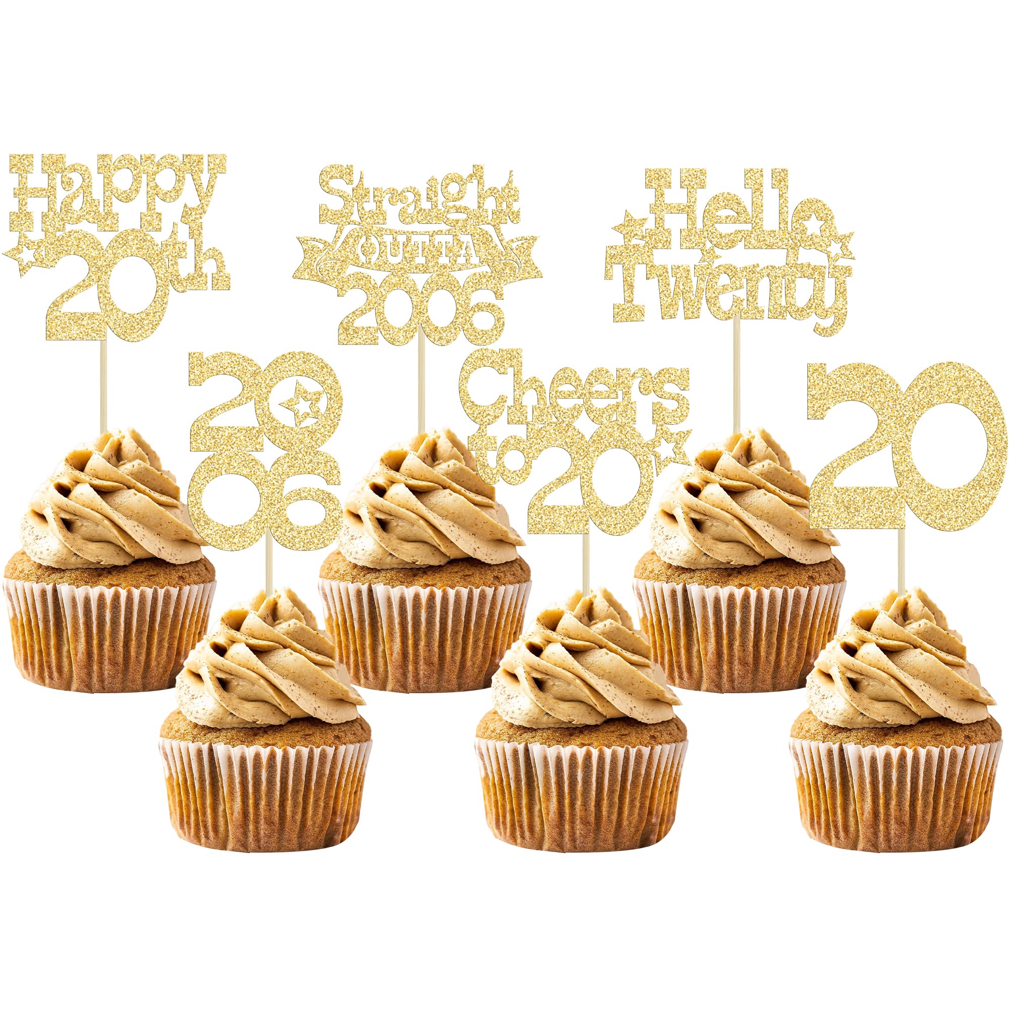 Ephlyn 30Pcs Happy 20th Birthday Cupcake Toppers Glitter Twenty Straight Outta 2006 Cupcake Picks Cheers to 20 Years Cake Decorations for 20th Birthday Anniversary Party Supplies Gold
