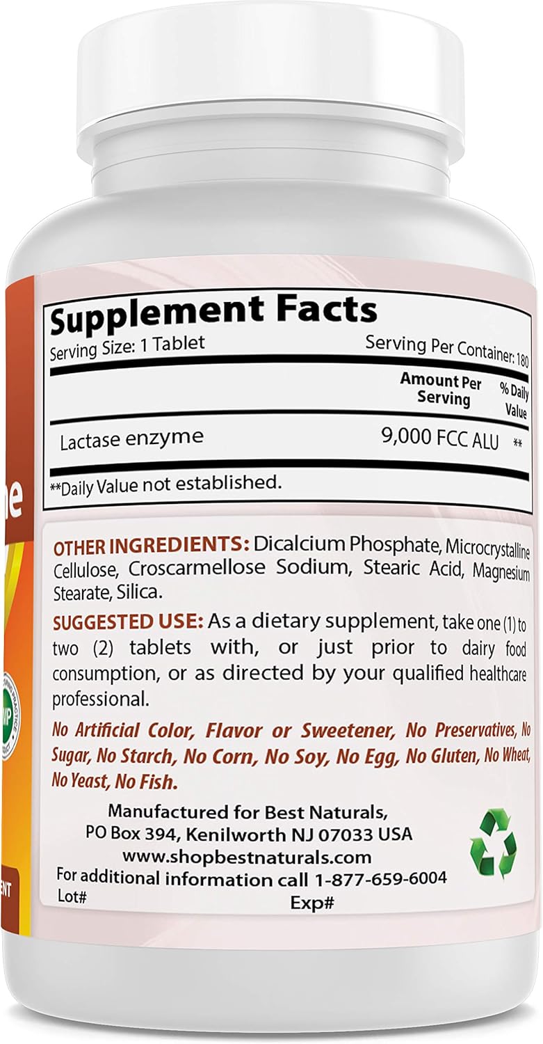 Best Naturals Lactose Intolerance Relief Tablets with Natural Lactase Enzyme, Fast Acting High Potency Lactase, 9000 FCC ALU, 180 Count: Health & Personal Care