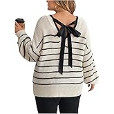 BEAUDRM Women's Plus Size Fall Striped Sweaters Bow Back Lightweight Sweater Oversized Knit Top Long Sleeve V Neck Pullovers