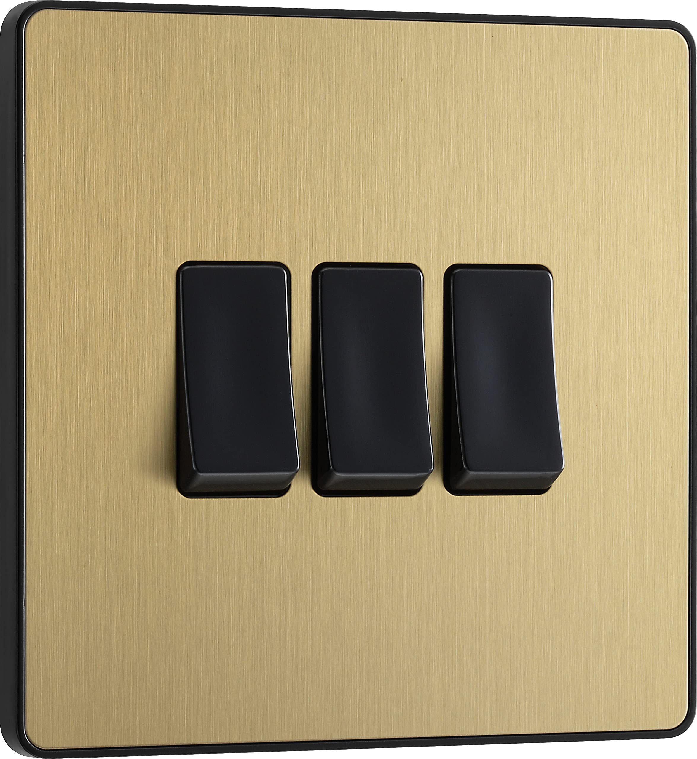 BG Electrical Triple Wall Light Switch, 2 Way, Screwless Front Plate, Round Edges, Evolve, Satin Brass, 20A, 16AX, PCDSB43B — image 1