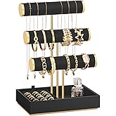 SONGMICS Bracelet Holder Stand, Jewelry Display Stand, Jewelry Organizer, with 3 Tiers and Velvet Tray, Removable Ring Holder, Ink Black UJJS027B01