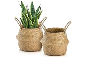 Yesland 2 Pack Woven Seagrass Plant Basket with Handles, Ideal Wicker Baskets Storage Plant Pot Baskets for Laundry, Picnic, Plant Pot Cover, Beach Bag and Grocery Basket (L)
