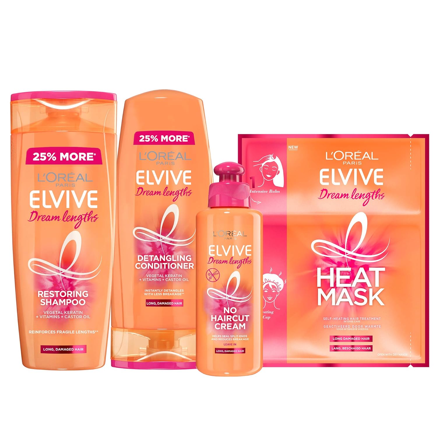 L'Oreal Elvive Dream Lengths Long Hair Keratin Shampoo, Conditioner, No Cut Hair Cream & Heat Mask Set