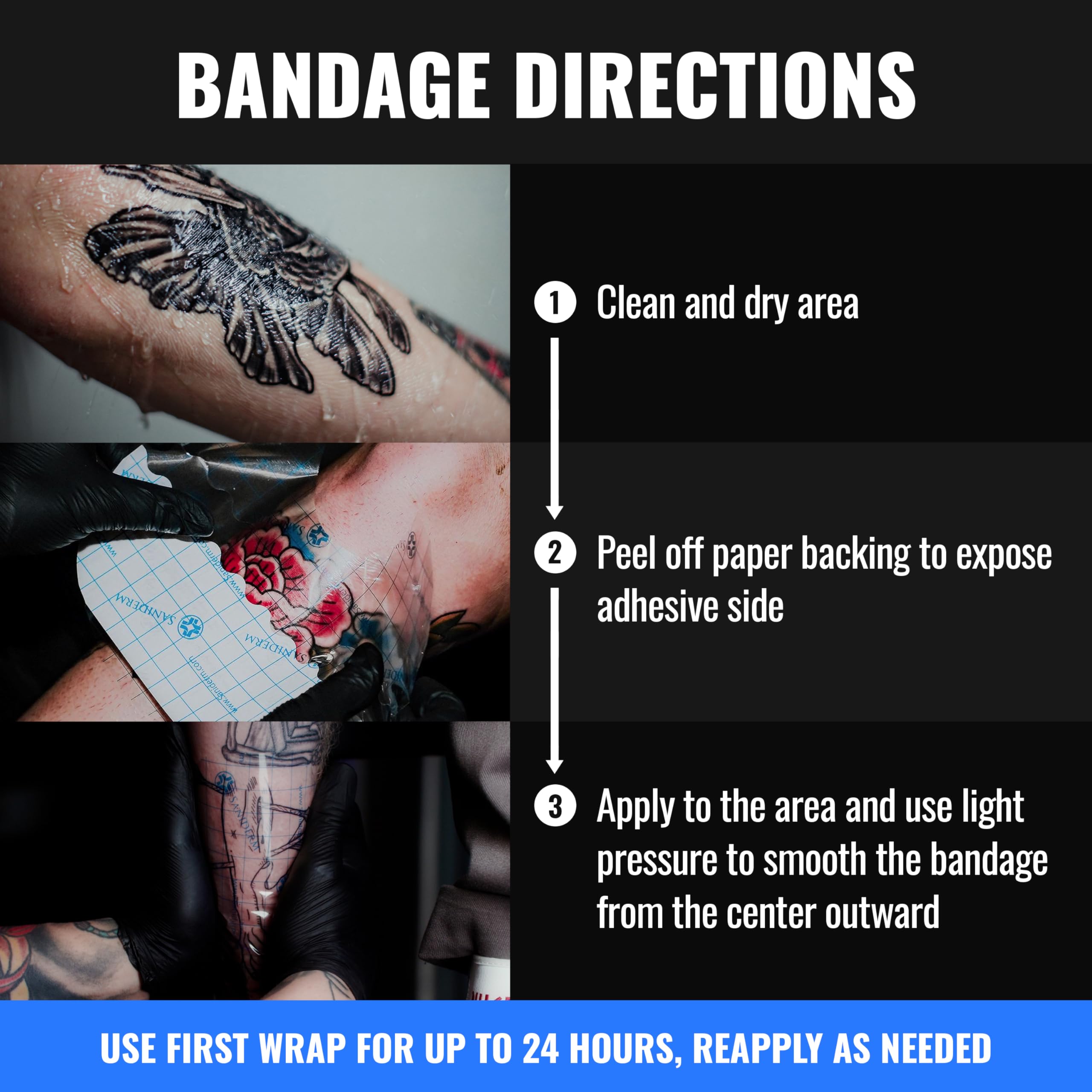 Saniderm Tattoo Aftercare Bandage 3 Sheets (Medium Pack, 6 in x 8 in) – Convenient, Faster Tattoo Healing and Protection – Sterile, Waterproof, and Latex-Free