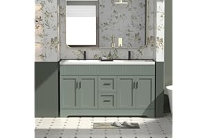 eclife 60" Bathroom Vanities Sink Combo with Painted Surface, Modern Drawered Cabinet W/Decorative Wave Lines, Undermount Double Sink, Matte Black Faucet Drain, Gray Green