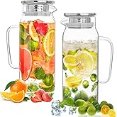 Set of 2 Glass Pitcher with Lid,2 Quart (64 oz / 1.9 Liter) Leak Proof,Glass Water Jugs, BPA-Free,Microwave & Dishwasher Safe Pitcher,Sun & Iced Tea, Sangria,Cold Brew Coffee & More