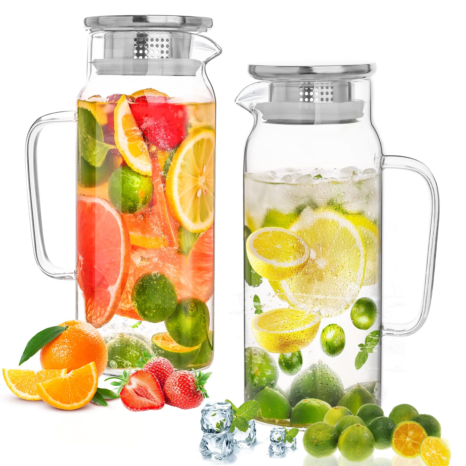 Photo 1 of Set of 2 Glass Pitcher with Lid,2 Quart (64 oz / 1.9 Liter) Leak Proof,Glass Water Jugs, BPA-Free,Microwave & Dishwasher Safe Pitcher,Sun & Iced Tea, Sangria,Cold Brew Coffee & More