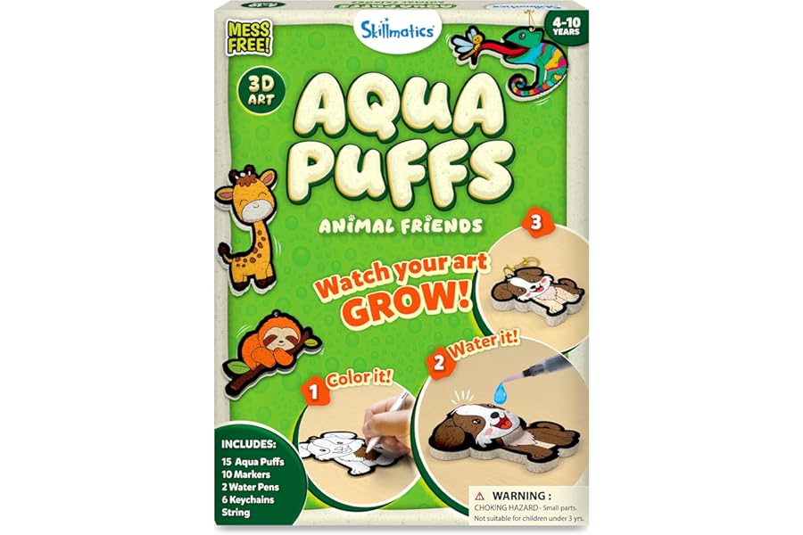 Skillmatics Aqua Puffs - 3D Art Kit, Animals, Mess-Free Paint by Number Craft for Kids, DIY Color Activity, Screen-Free Enter