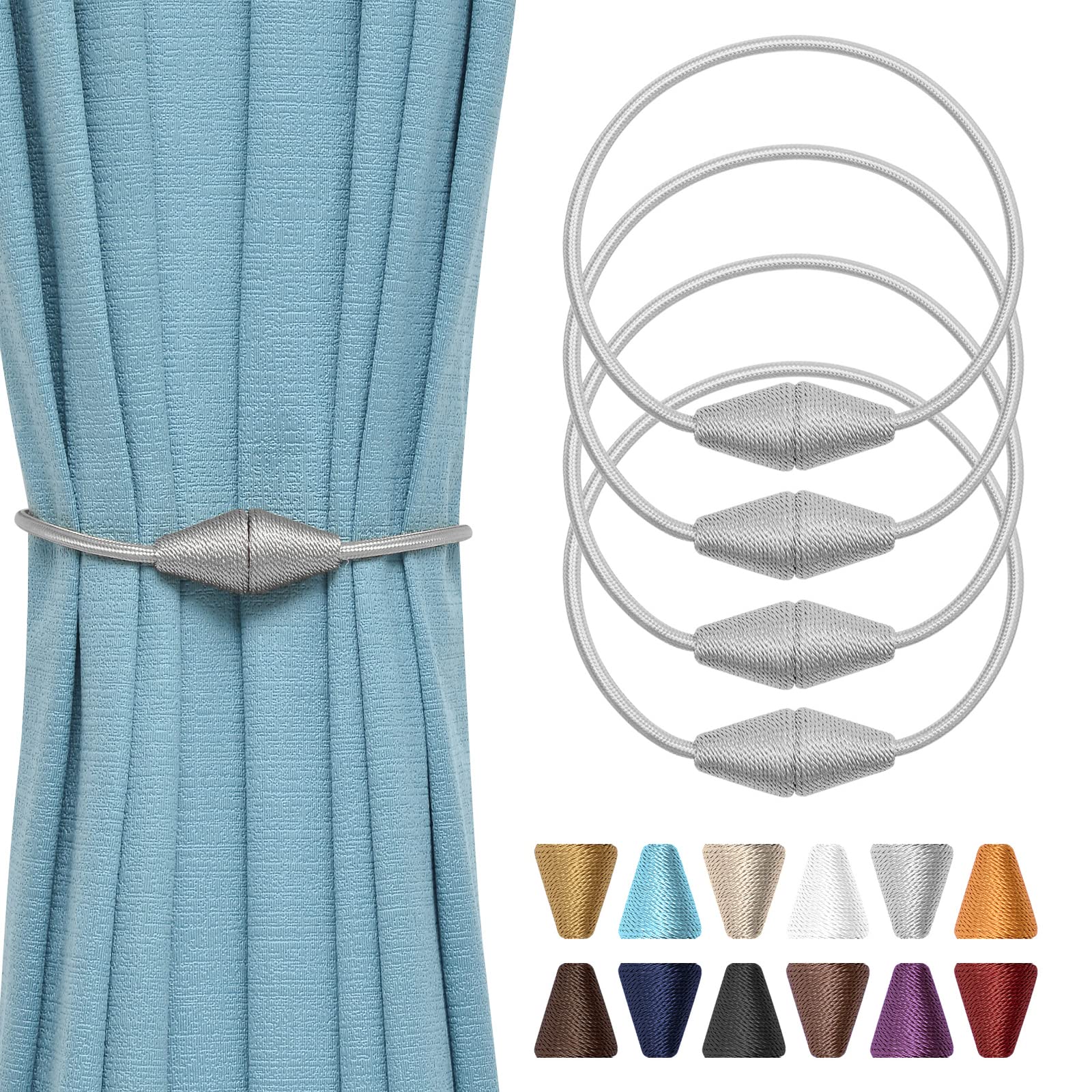 Pretty Jolly 4 Pack Upgrade Magnetic Curtain Tiebacks Handmade Weave Rope Curtain Holdbacks Convenient Decorative Cone Curtain Drape Tie Backs for Home & Office Window Drapery (Grey) — image 1