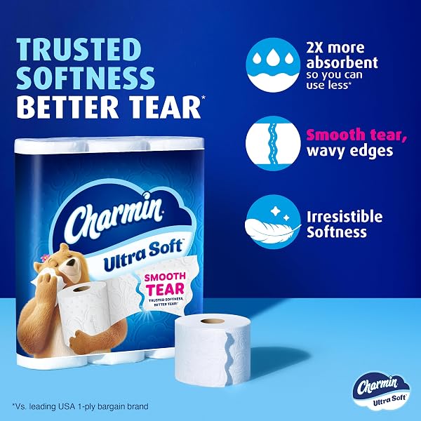 CHARMIN ULTRA SOFT TOILET PAPER, 12 MEGA ROLLS = 24 REGULAR ROLLS, 2-PLY BATH TISSUE