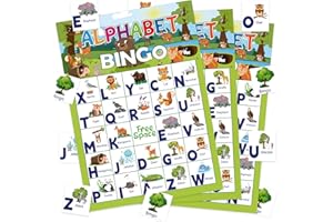 LEEZEAD Alphabet Bingo Game for Toddler Adults, 24 Players Letter Bingo Cards Letter Recognition Alphabet Animals Themed Bingo Game Cards for School Classroom Family Activities
