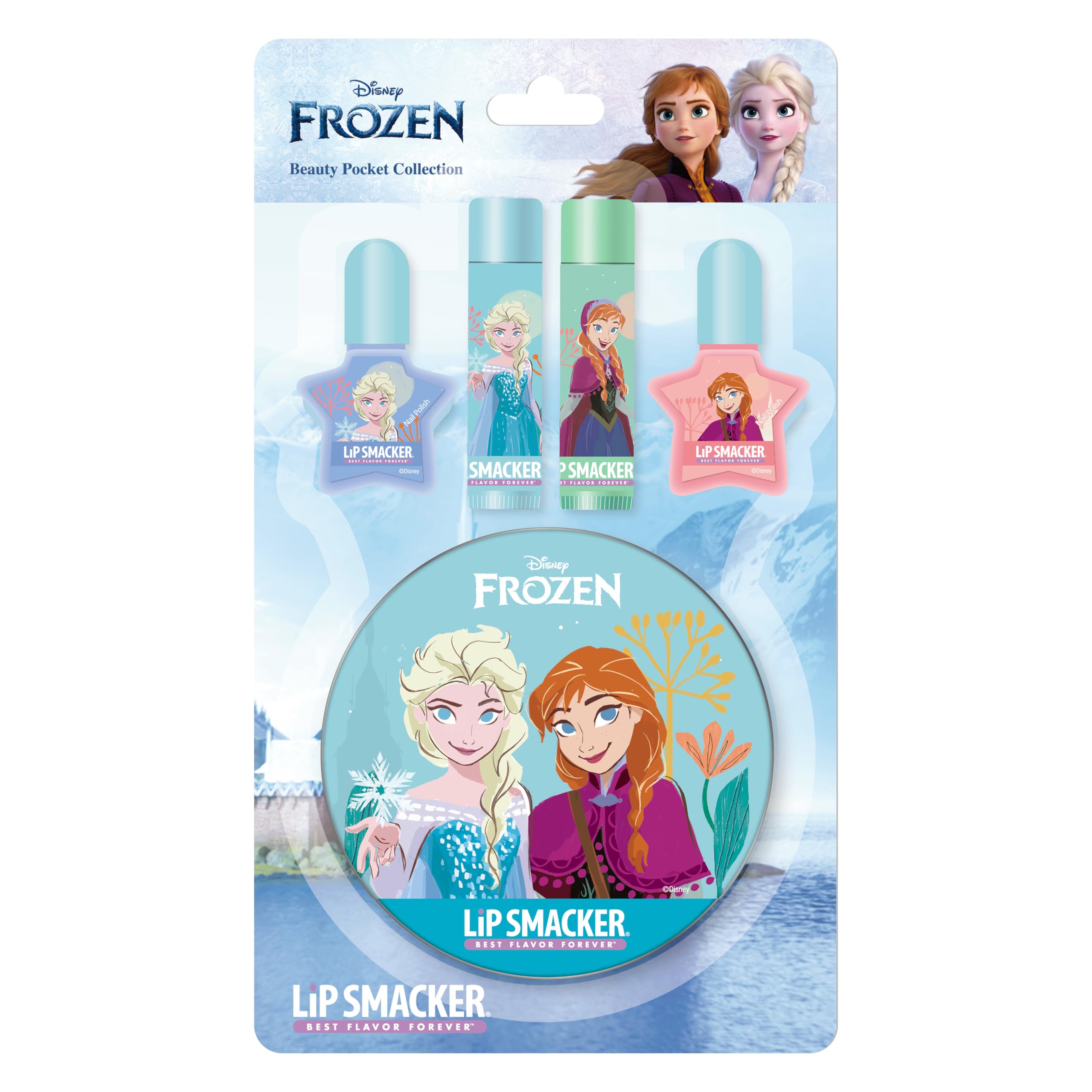 Lip Smacker Frozen Beauty Pocket Collection, 4-Piece Frozen Makeup Set for Kids Including Lip Balms and Nail Polish, in a Cute Anna and Elsa Makeup Tin, Kids Makeup for Endless Fun, Frozen Gifts