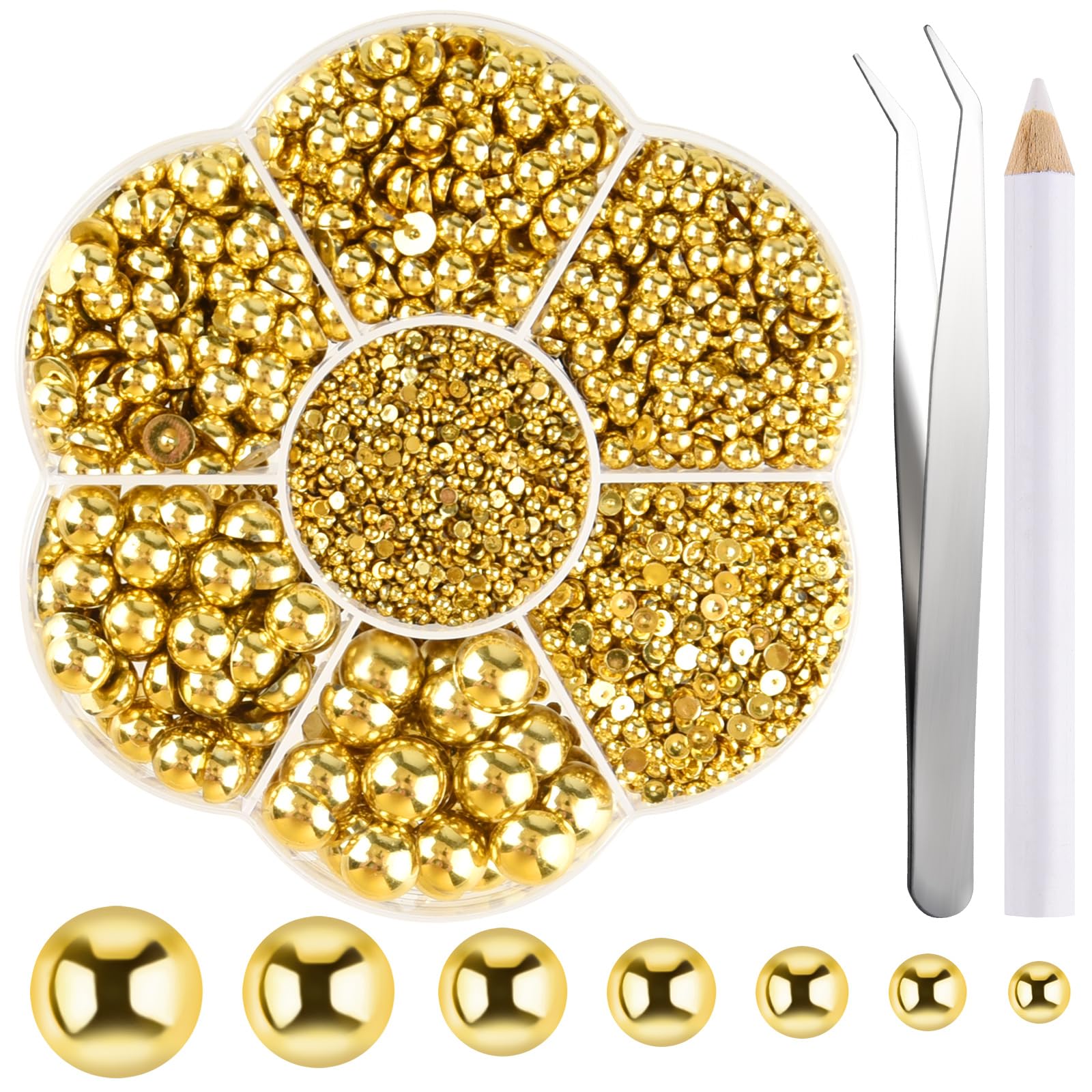 NACHLYNN 6480 Pcs Flat Back Pearl 7 Sizes Gold Flatback Pearl Beads Half Round Pearls for Crafts Embellishment Shoes Clothes Bags DIY Making