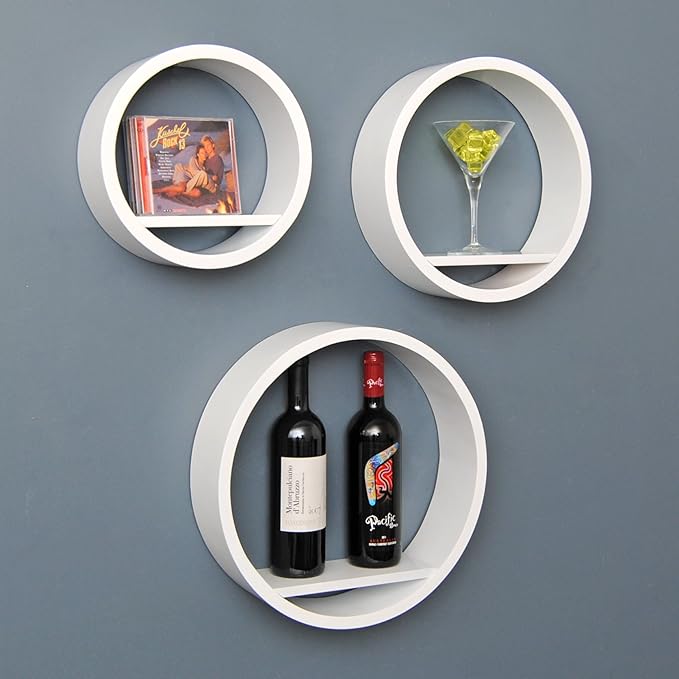 tsideen Set of 3 Floating Retro round Design Lounge Circle Shelves in White in Different Sizes
