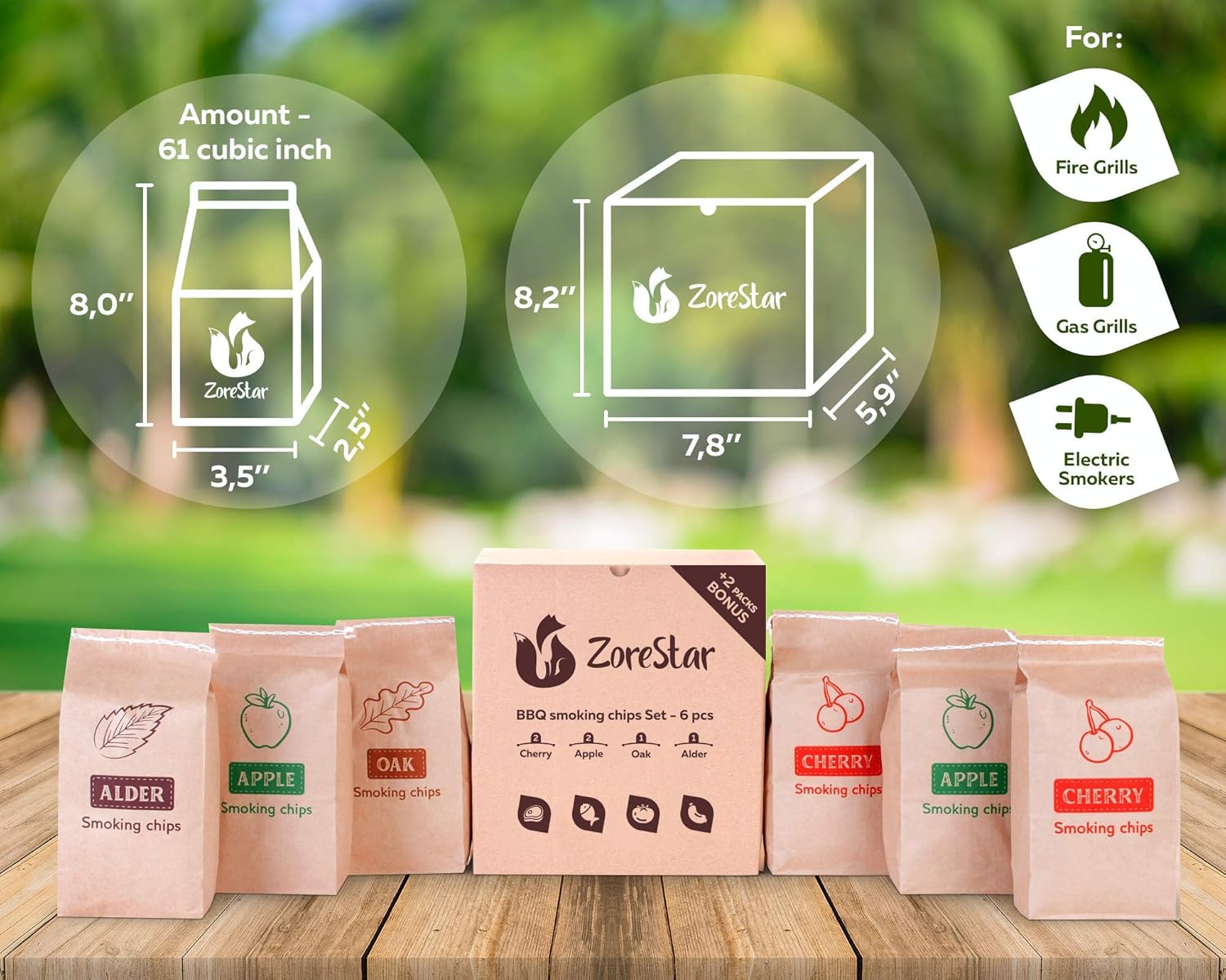 Zorestar Wood Chips for Smokers - 6 pcs Variety Pack of Oak | Alder | Cherry | Apple Chips for Smoking and Grilling + Bonus e-Book : Garden & Outdoor