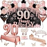 90th Birthday Decorations for Women, 49pcs Black Rose Gold Black Happy 90th Birthday Banner, Tablecloth, Butterfly Decor, Sash and Tiara, Cake Topper, Candles, Balloons Arch