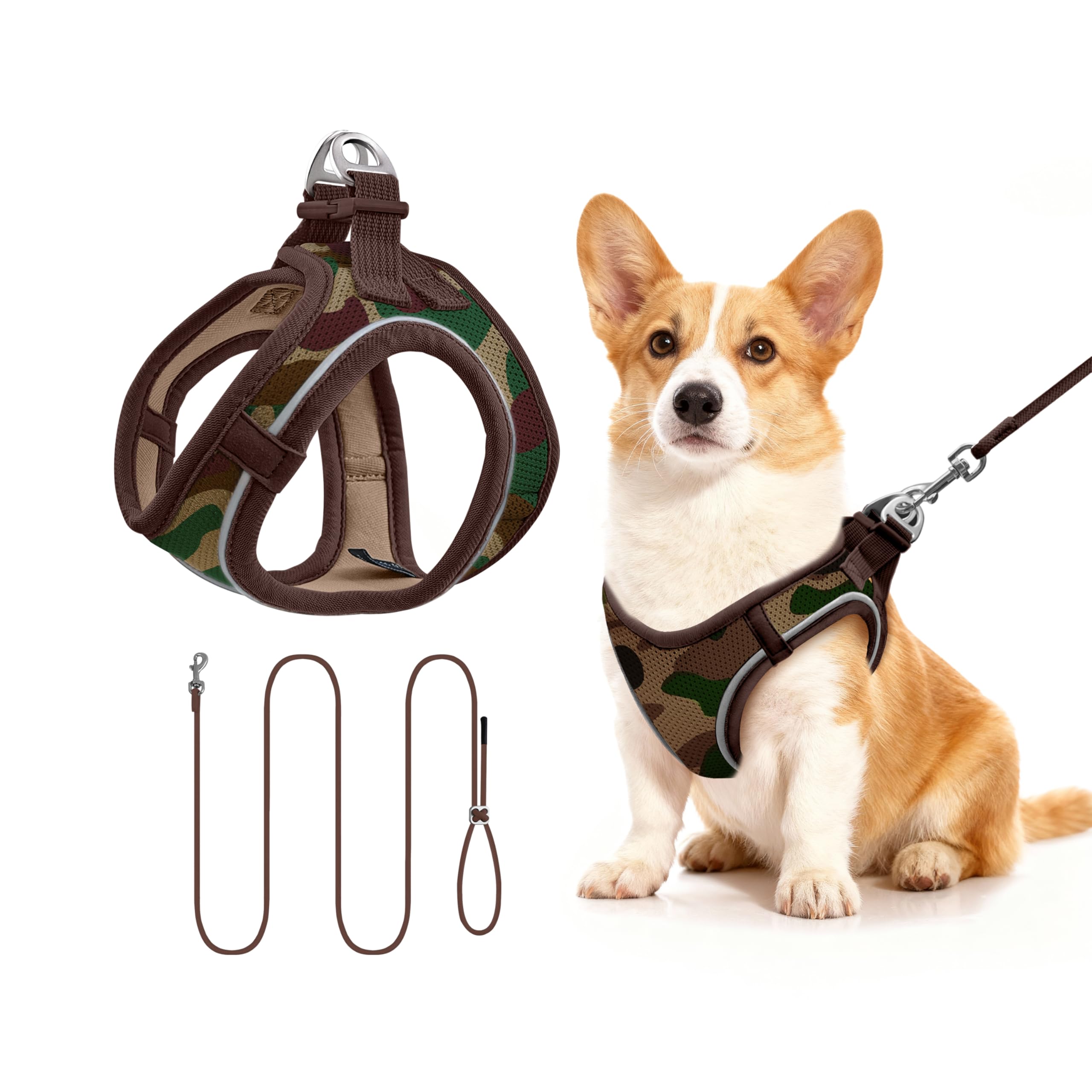 Qianruida Small Dog Cat Harness Vest in Soft Reflective Adjustable Puppy Vest and Lead Set for Small and Medium Dogs (Camouflage M)