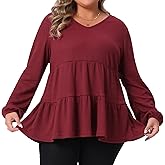 Agnes Orinda Plus Size Babydoll Tops for Women V Neck Long Sleeve Ruffle Hem Casual Waffle Peplum Blouse