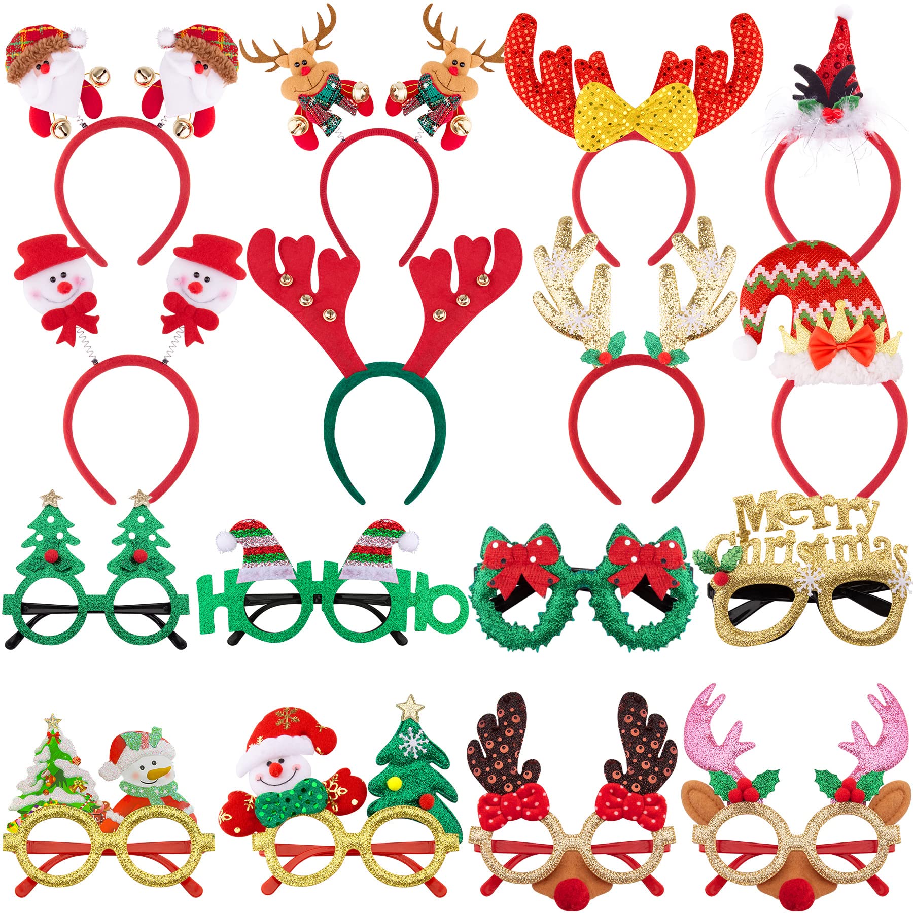 SIQUK 16 Pcs Christmas Party Favour with 8 Pcs Christmas Headband and 8 Pcs Christmas Glasses Frames Reindeer Snowman Headband Santa Claus Christmas Tree Glasses Frames Decorations for Christmas