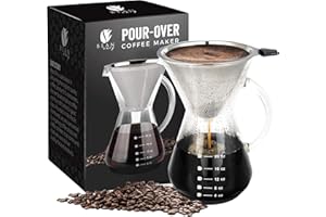 Bean Envy Pour Over Coffee Maker, High-Heat Borosilicate Glass with Reusable Stainless Steel Filter, Glass Coffee Maker (20 Oz)