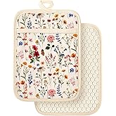Slohif Silcone Flowers Pot Holders for Kitchen - 100% Cotton Beige Cute Oven Potholders with Pockets, Heat Resistant Square Thick Hot Pads, House New Home Baking Baker Gifts,2pack