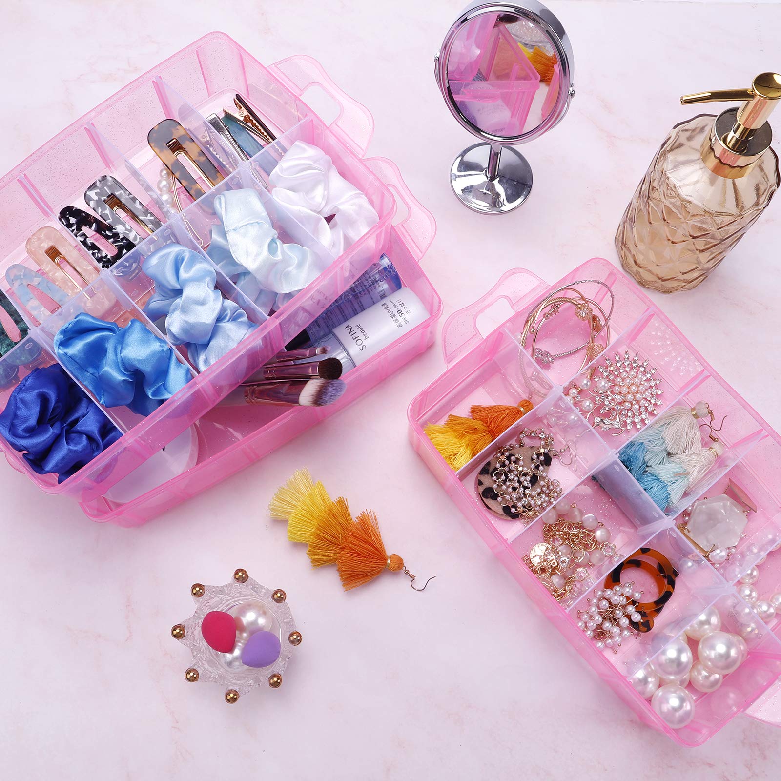 SGHUO SGHUO 3-Tier Pink Craft Storage Container, Stackable Organizer Box with Dividers for Art Supplies, Beads, Washi Tapes, Seed, Hair Accessories, Nail, 9.5X6.5X7.2in