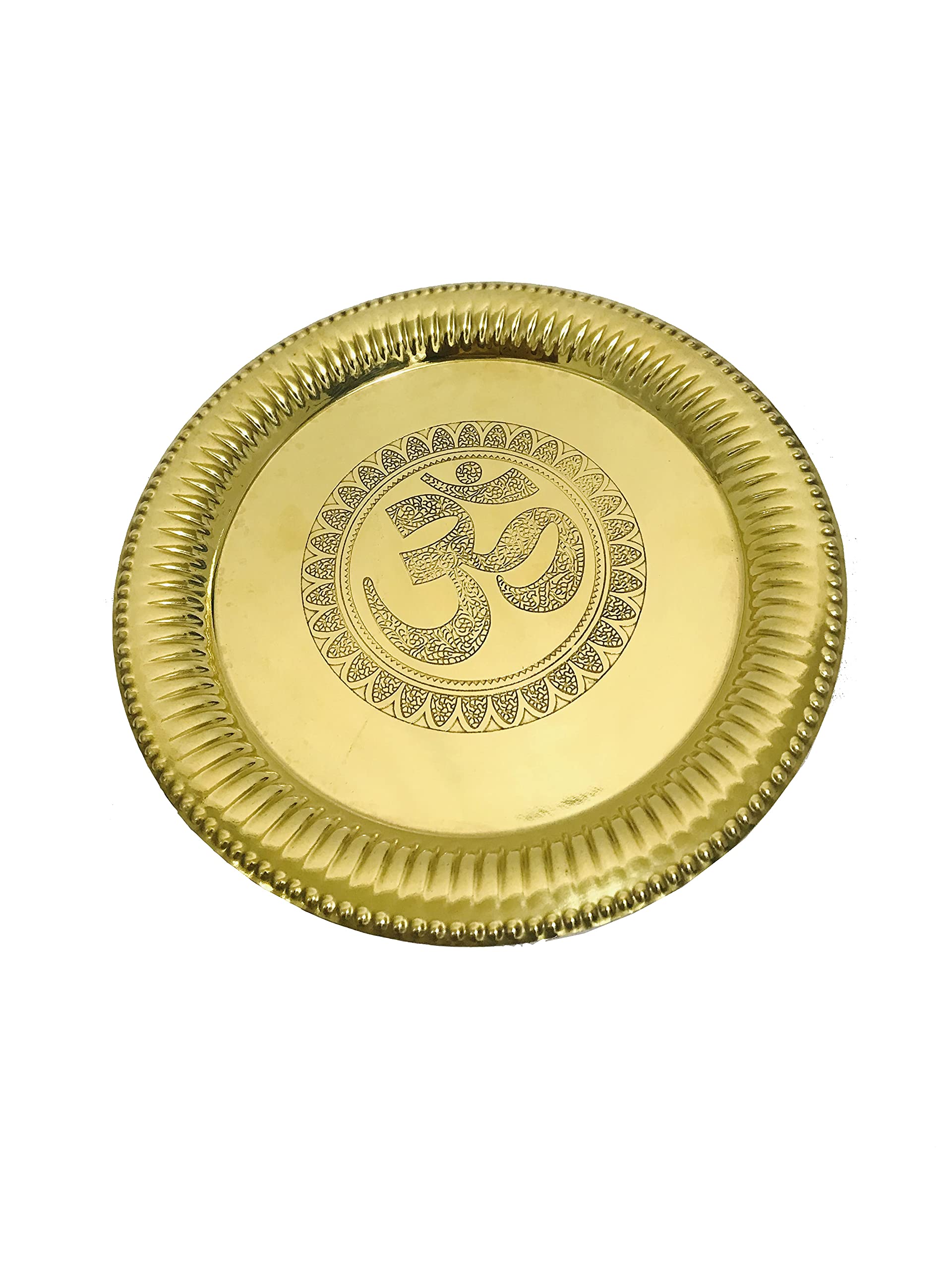 Om Brass Etching Pooja Thali Plate for Home temple Puja Aarti with Om Symbol for Diwali Ladoo gopal bhog plate and for Religious thanksgiving Wedding Navaratri Navratri housewarming gift (8 inch)