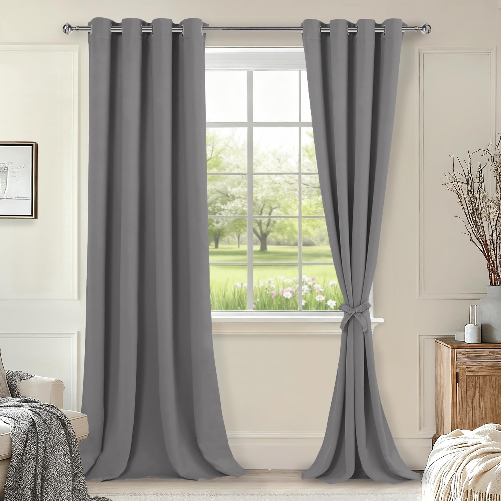 Hiasan Blackout Curtains for Bedroom, 52 x 102 Inches Long - Thermal Insulated & Light Blocking Window Curtains for Living Room, 2 Drape Panels Sewn with Tiebacks, Light Grey Image