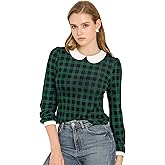 Allegra K Women's Peter Pan Collar Contrast Puff Sleeve Christmas Xmas Party Shirt Blouse