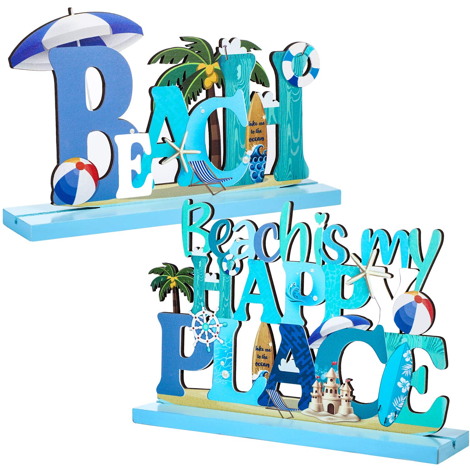 Photo 1 of Blulu 2 Pcs Beach Table Signs Ocean Wood Table Decorations Beach Is My Happy Place Sign Under The Sea Animal Coastal Tabletop Centerpieces Nautical Block for Summer Tiered Tray Hawaiian Luau Party