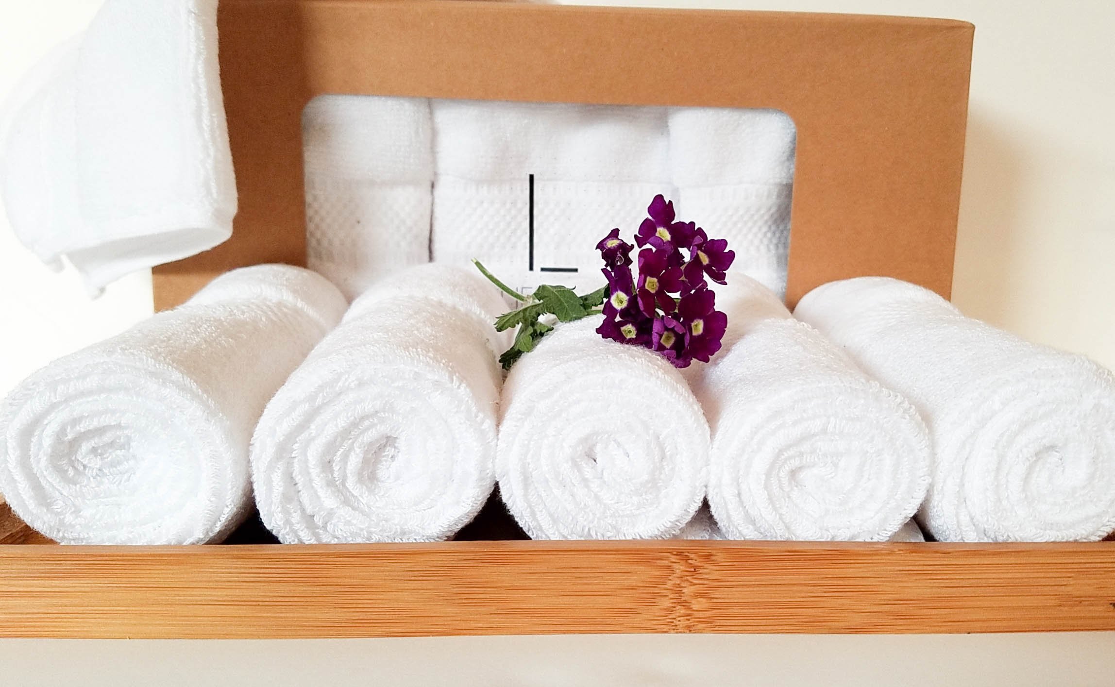 Spa Towels Wood Tray Set 6 pack Pure White 100 Cotton Washcloths