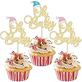 Gyufise 24Pcs Christmas Oh Baby Cupcake Toppers with Blue Pink Hat Gold Glitter Santa Cupcake Picks Decorations for Winter Christmas Theme Baby Shower Birthday Party Supplies