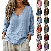 SMIDOW Linen Shirts For Women - Long Sleeve v Neck Tunic Tops Dressy Casual Summer Loose Spring Fashion Blouses Tshirts