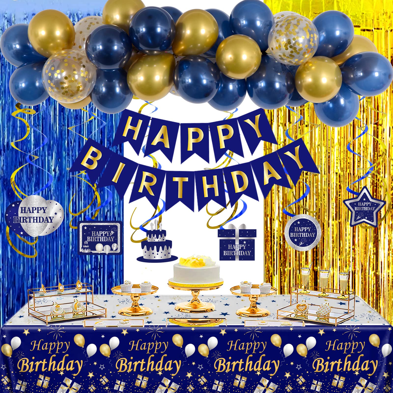 Navy Blue Gold Birthday Decorations for Men, Happy Birthday Decorations