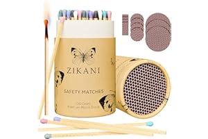 ZIKANI Rustic Charm Fancy Matches: 100 4-Inch Rainbow Tip Matches + Striker | Kiln-Dried Wooden Artisan Matchsticks for Decorative Cloche Jars, Fireplaces, and BBQ - 100 Count (Rainbow Tip)