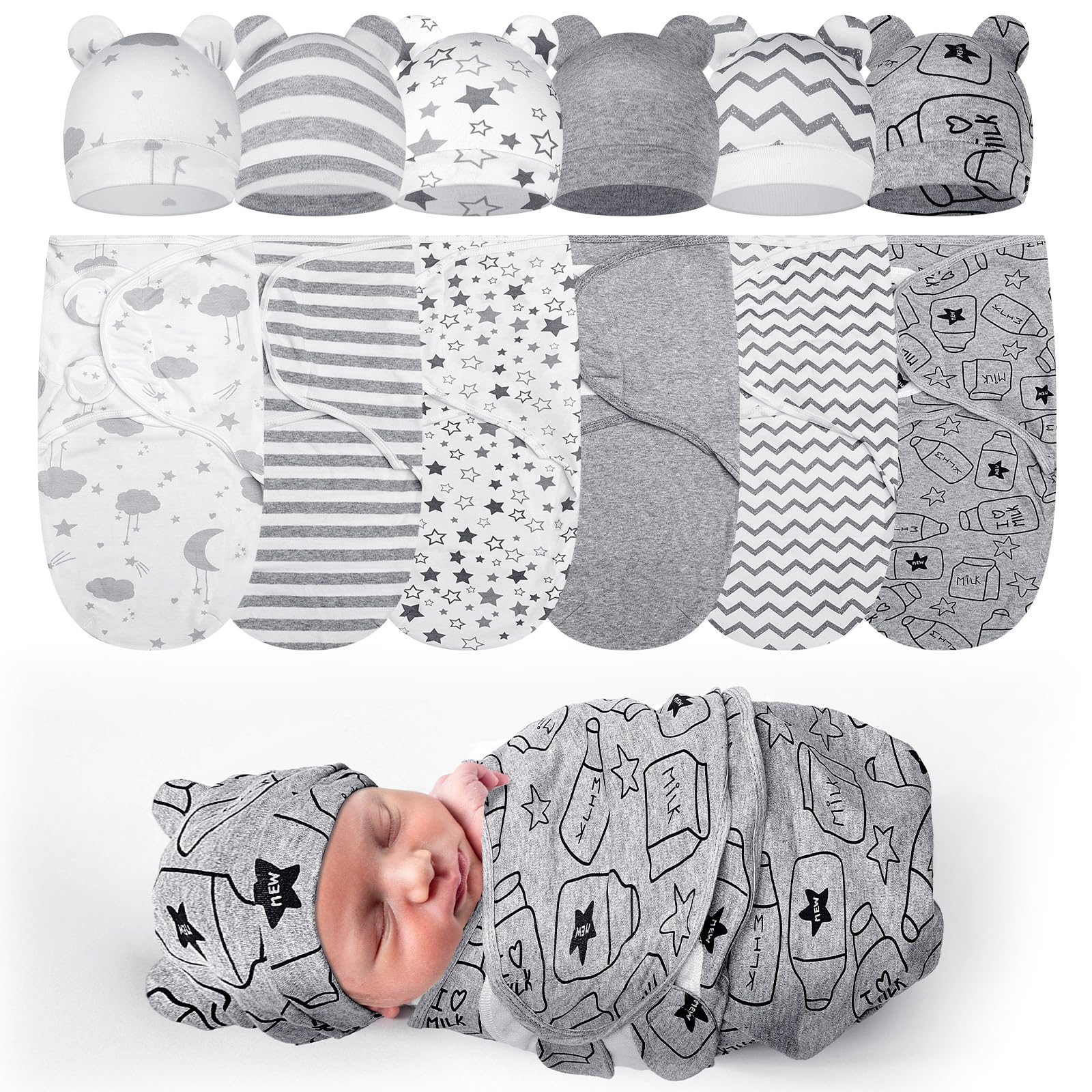Photo 1 of Ramede 6 Pack Preemie Swaddle Blanket with Hats Sleep Swaddle for Baby Boy Girl Preemie Newborn Sacks Soft Cotton Wearable(Star,Grey)