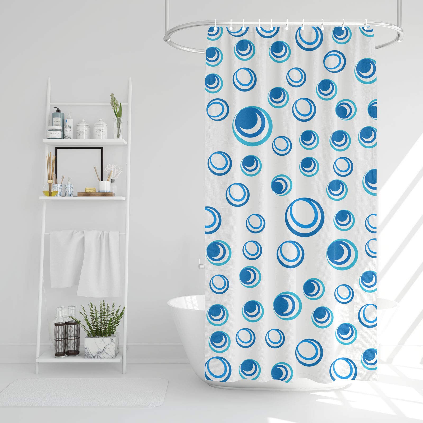 EKNA Shower Curtains - 183 cm x 183 cm Curtain with Blue White Pattern - Motif Shower Curtain Including Shower Curtain Clips