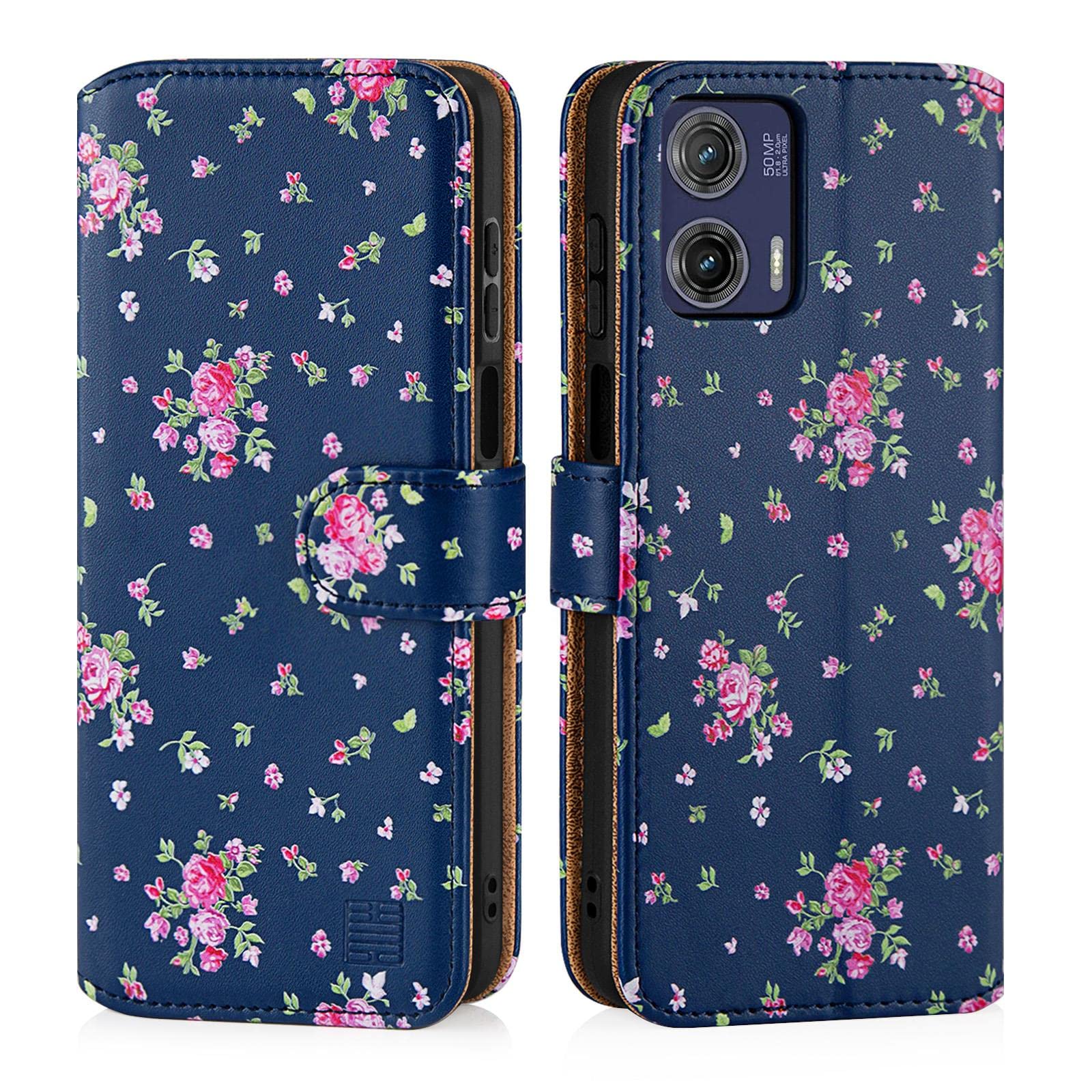 32nd Floral Series 3.0 - Design PU Leather Book Wallet Case Cover for Motorola Moto G73, Flip Case With RFID Blocking Card Slots, Magnetic Closure and Built In Stand - Vintage Rose Indigo