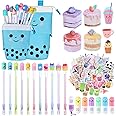 Sabary 228 Pcs Kawaii Stationary Set Include Telescopic Boba Pencil Pouch Case Bag Gel Ink Pen Sticky Note Bubble Tea Sticker Pill Highlighter Stationary Cute School Supplies for Christmas(Classic)