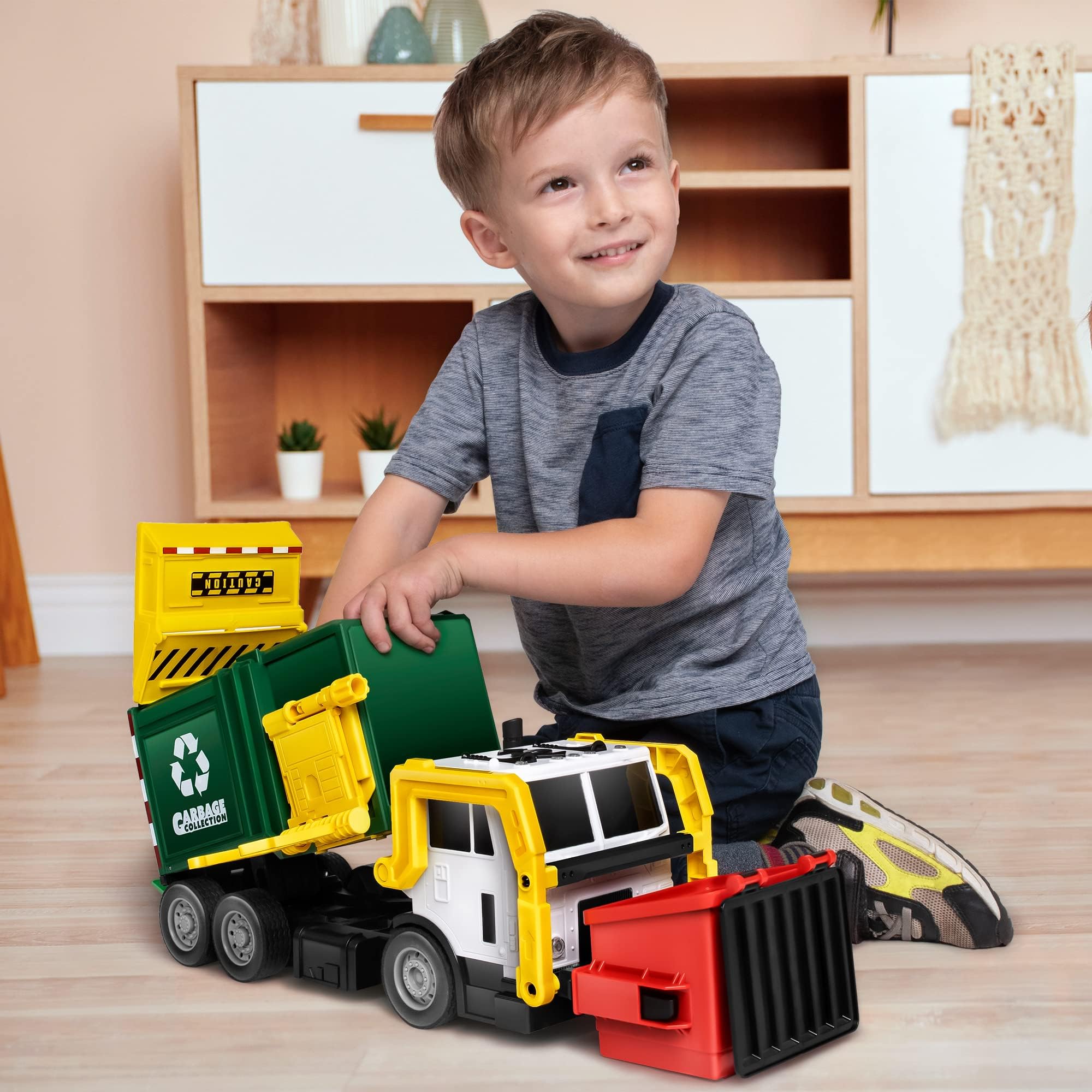JOYIN Müllauto Spielzeug mit Lichtern und Sound,40cm Großer Müllwagen Spielzeug ab 3 4 5 6 7 Jahre,Müllabfuhr Auto Kinder mit Frontlader-Mülltonne, 3 seitlichen Mülleimern mit 30 Stück (Grün) 8