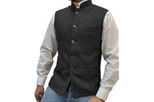 Tuikayoo Mens Herringbone Wool Vests Suit Business Tweed High Collar Waistcoats Slim Fit