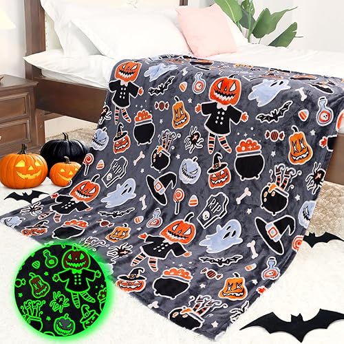 Halloween Blanket Cozy Soft Lightweight Fleece Fall Pumpkin Throw Blankets Glow in The Dark Blankets Gifts Decor for Girls Boys Teens Kids Women Birthday