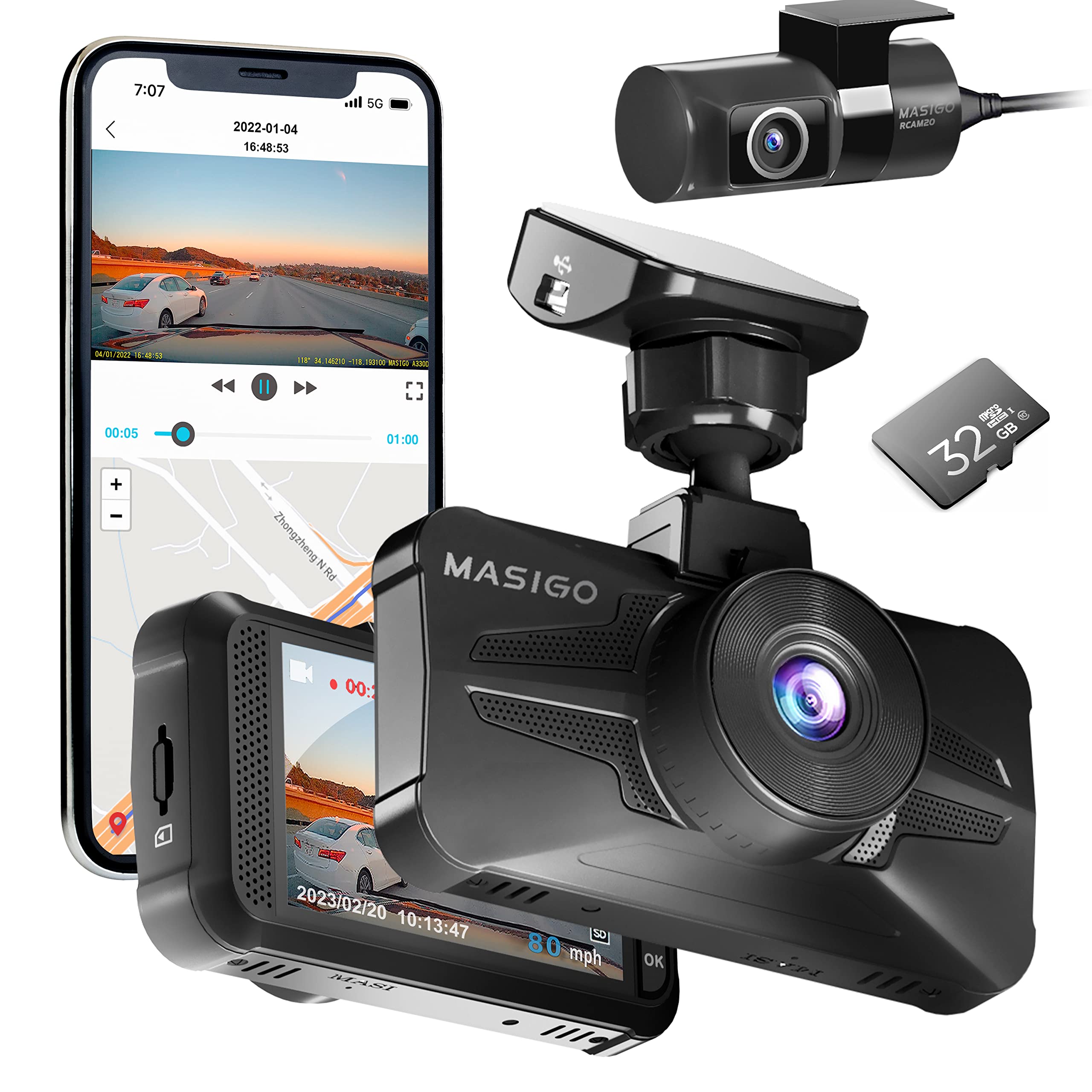 MASIGO A330D Dash Cam Front and Rear - Dual 1080P 60fps Dash Camera for Cars with WiFi, GPS Speedometer, Stavis Night Vision, G Sensor Parking Mode, Emergency Recording, Free APP, Support 512GB Max