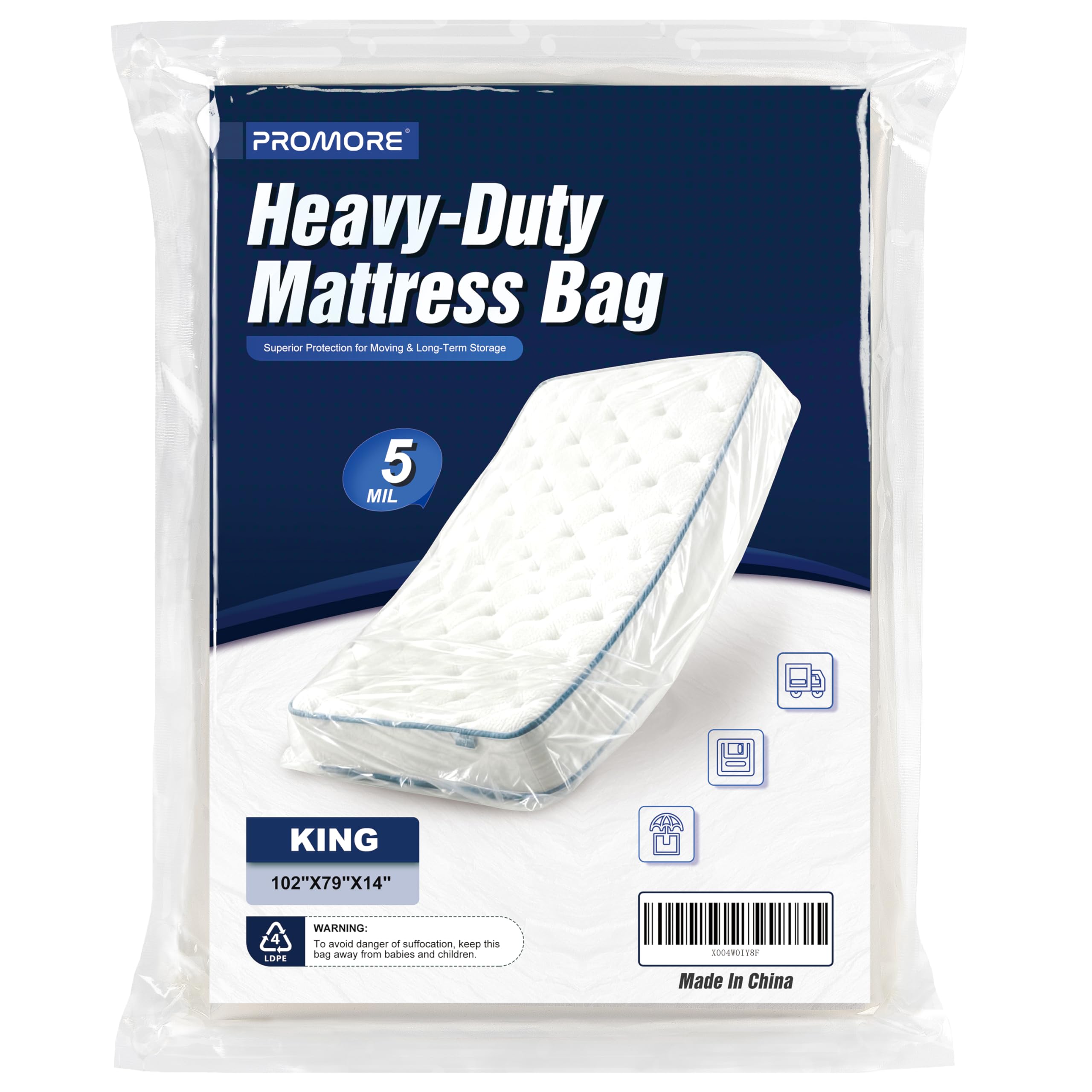 PROMORE King Size Mattress Bag for Moving and Storage - 5 Mil Heavy Duty, Plastic Waterproof Mattress Cover, Reusable, Tearproof
