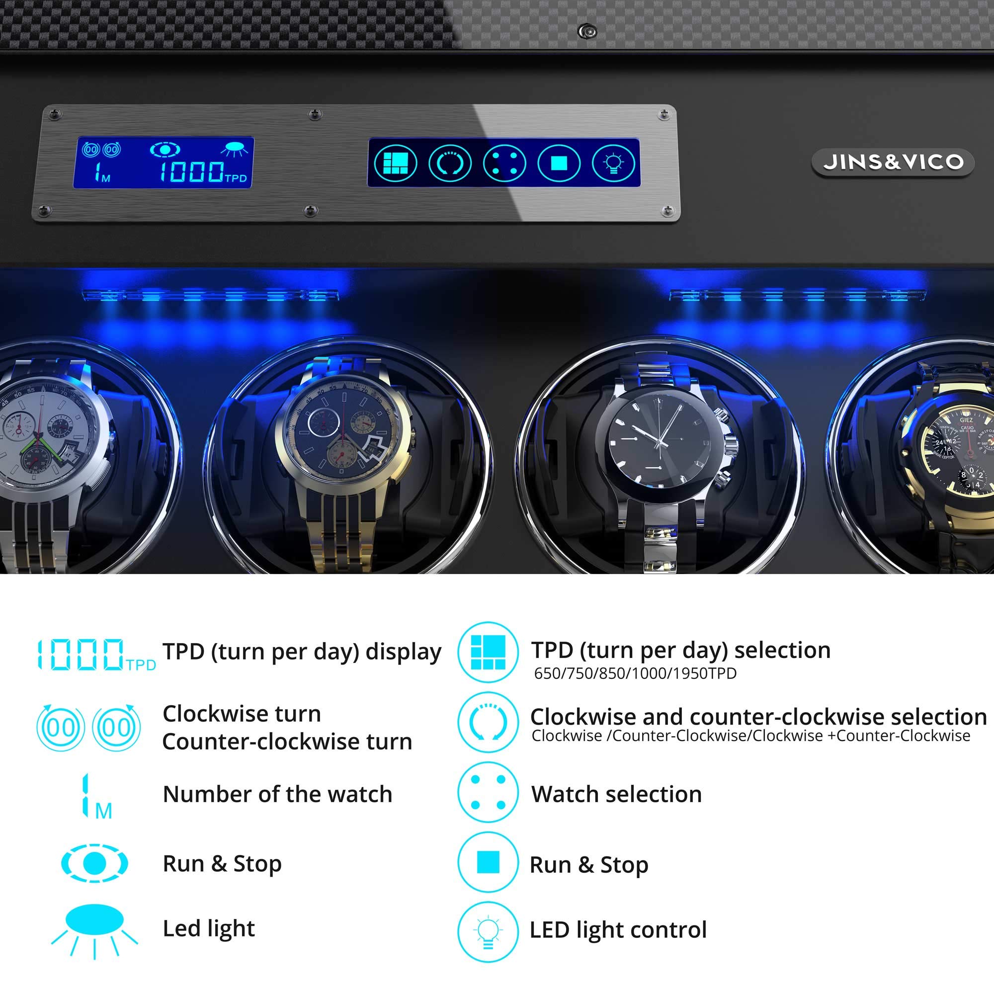 JINS&VICO Watch Winder for Automatic Watches, Carbon Fibre Shell with High-Gloss Lacquer, Upgraded Adjustable Watch Pillows Fit for Universal Lady and Men's Watch, Built-in Illumination